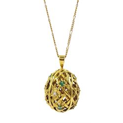 Igor Carl Faberge for Franklin Mint 14ct gold emerald and round brilliant cut diamond egg pendant, London import mark 1984, boxed
