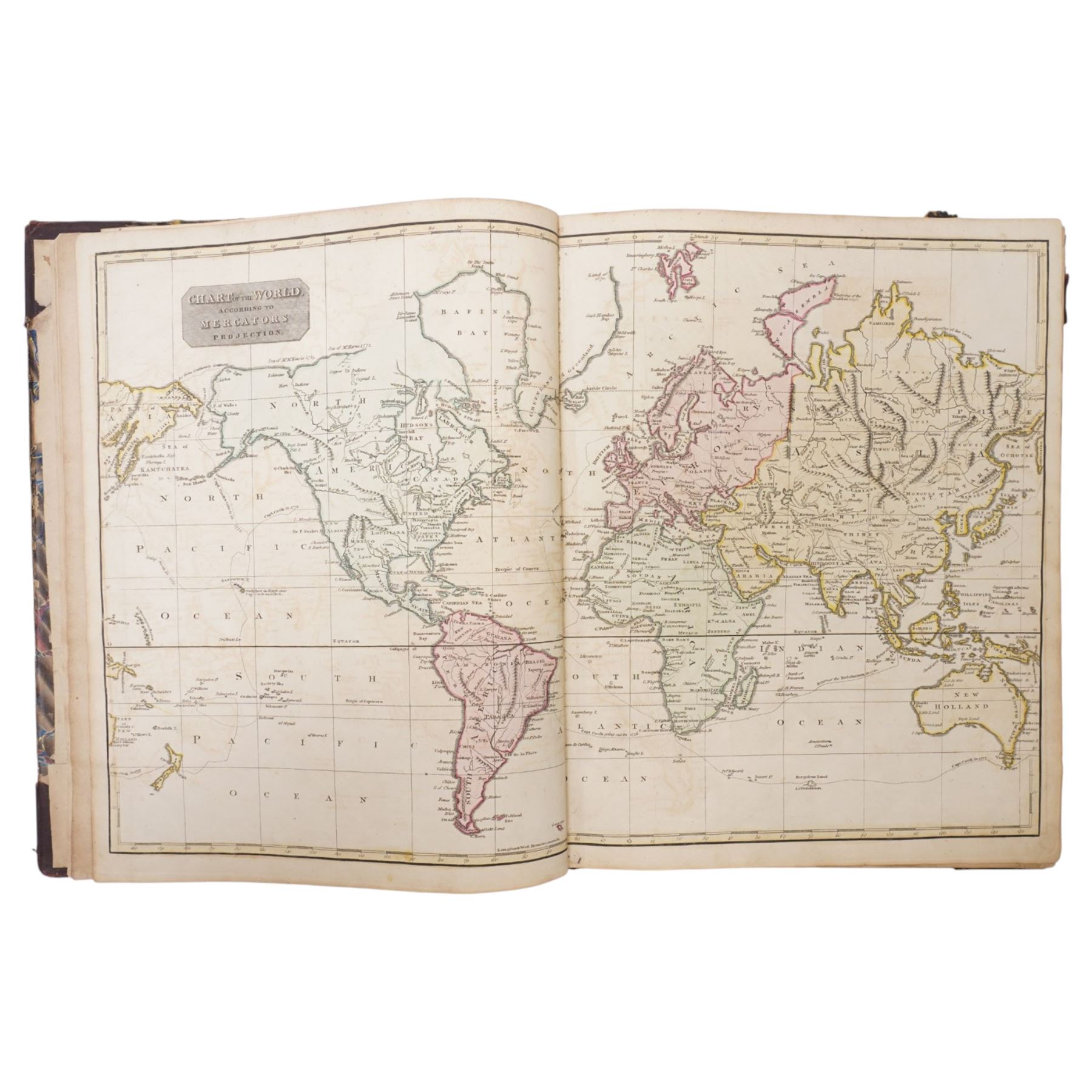 Brown (Thomas) - 'A General Atlas being a Collection of Maps of the World & Quarters, the Various Empires, Kingdoms & States in the Known World' published Edinburgh 1814 with thirty five hand coloured engraved maps as listed, lacks map of England & Wales, with two additional maps bound in comprising 'Map of Jamaica' by John Arrowsmith 1839 and 'Map of British Guiana' by J Hadfield 1838, in contemporary boards