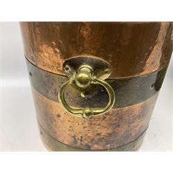 Hammered copper and brass banded coal bucket with twin loop handles, together with two brass jam pans, tallest H40cm