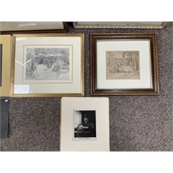 Collection of 19th/20th Century pencil drawings, mixed medias, etchings and prints, to include After Valentin Lefebre (Flemish 1637–1677): 'Landscape with Flute Playing Shepherd' and After Claude Gillot (French 1673-1722): 'Repas Distingue', variously signed titled and framed max 31cm x 43cm (9)