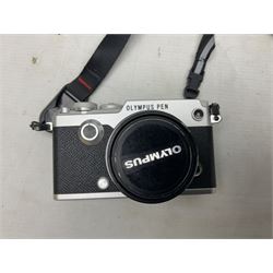 Olympus PEN-F camera body, with 'Olympus M- Zuiko Digital 25mm 1: 1.8' lens,  'Olympus M- Zuiko Digital 75-300mm 1: 4.8 - 6.7' lens and  'Olympus M- Zuiko Digital 17mm 1: 1.8' lens, with original box, together with Lowepro camera bag