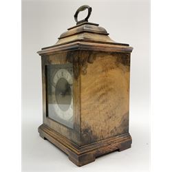 Small late 20th century walnut cased bracket clock. sarcophagus top with brass loop handle, brass dial with silvered Roman chapter ring and ornate spandrels, single train movement by 'Buren'