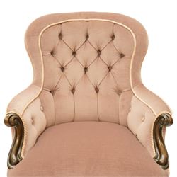 Pair of Victorian mahogany framed salon armchairs, spoon-back and sprung seat upholstered in buttoned lavender velour fabric with pink piping, shaped apron on cabriole legs with scroll feet and ceramic castors
