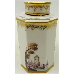  20th century Continental porcelain tea canister decorated with painted two vignettes of a couple in a landscape, bearing Ludwigsburg, H12cm   
