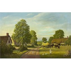 AJ Curry (English Naive School 20th century): Village Scene with Haycart and Figures, oil on canvas signed 50cm x 75cm; Continental School (20th century): Woodland Pond Landscape, oil on canvas indistinctly signed 50cm x 75cm (2)