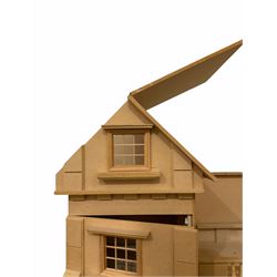 Georgian style wooden four-storey dolls house, part constructed for completion, the double hinged front opening to reveal a central hall and landing, two ground floor rooms, two first floor rooms, second floor room with double doors to roof terrace, and pitched roof hinged for access to attic room, together with some materials and tools including boxed porcelain bathroom suite by Reutter Porzellan, pre-made staircases etc; and quantity of good quality packaged and unused furnishings and accessories by The Dolls House Emporium etc H96cm W84cm D42cm