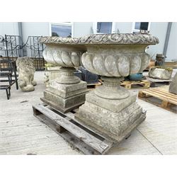 Pair of large weathered Country House Haddonstone garden urns, acanthus carved rim above gadrooned bowl, beaded detailing to the neck, raised on stepped double plinth base
