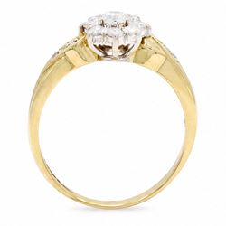 18ct gold diamond flower head cluster ring, set with nine round brilliant cut diamonds, with diamond set shoulders, London 1991, total diamond weight approx 0.40 carat