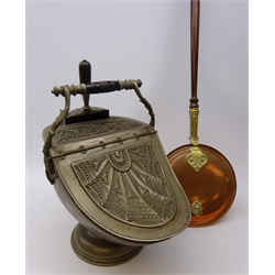  Victorian coal scuttle with ebonised turned handle and shovel, H50cm with a copper and brass warming pan (2)  