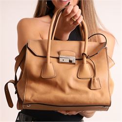 Prada - ‘Sound Lock’ satchel in Naturale Glace Calf leather, with silver-tone push-lock fa...