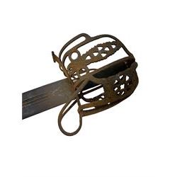 Scottish basket-hilted sword, double-edged blade L95cm cut with three narrow fullers, marked with a pair of crescent moons, L112cm 