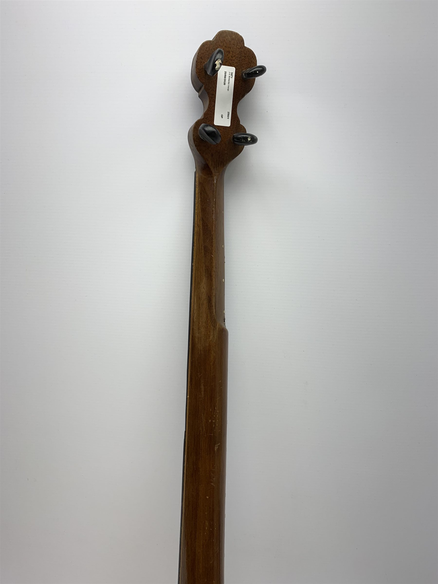 J E Brewster London Universal Favourite fretless banjo with inlaid fingerboard, impressed maker's marks and serial no.769, L90cm
