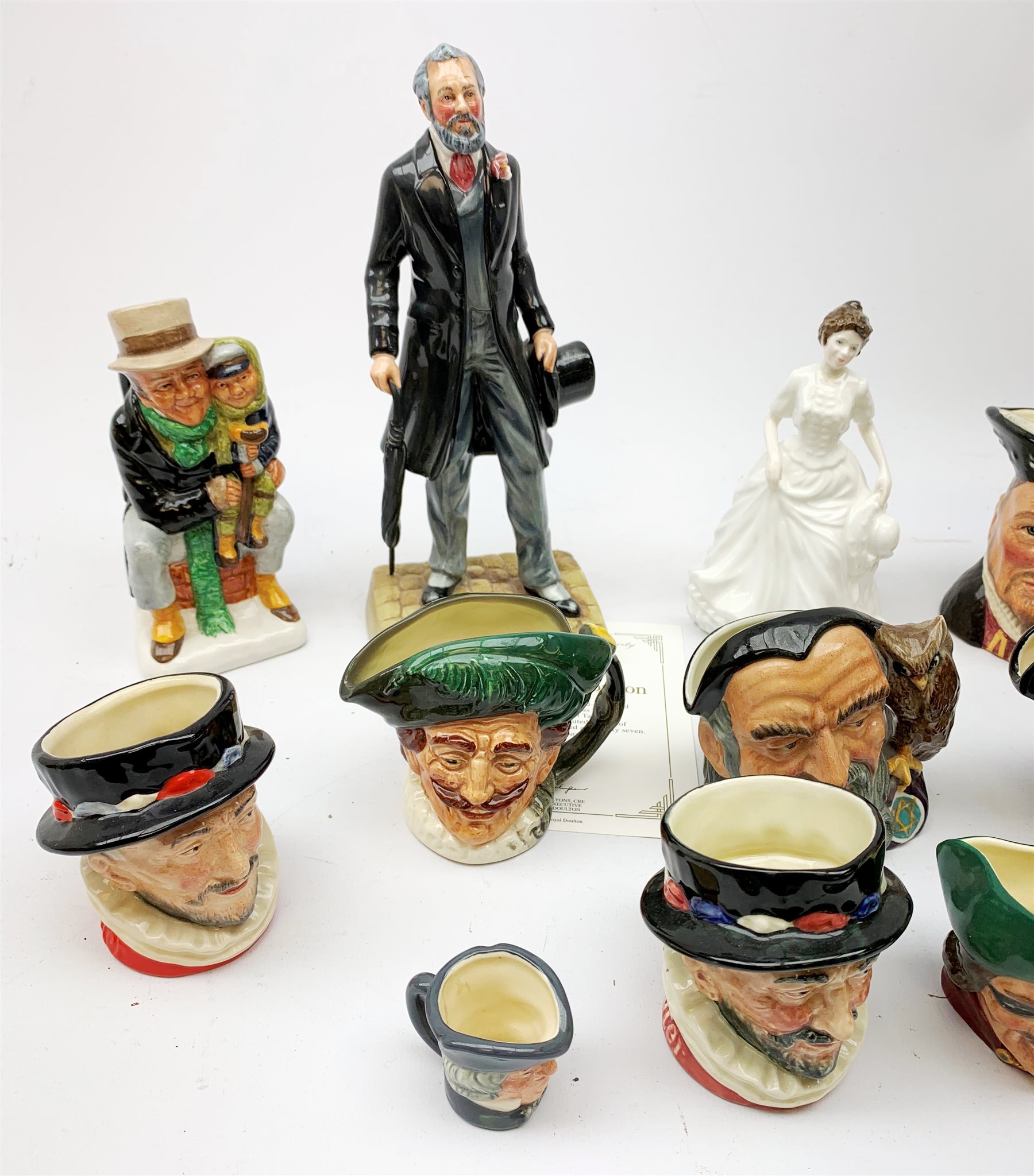  A limited edition Royal Doulton figurine, modelled as Sir Henry Doulton HN3891, no1154, with certificate, together with another Royal Doulton figurine Harmony HN4096, and a number of mostly Royal Doulton character jugs, including one modelled as Sir Henry Doulton D7057.   