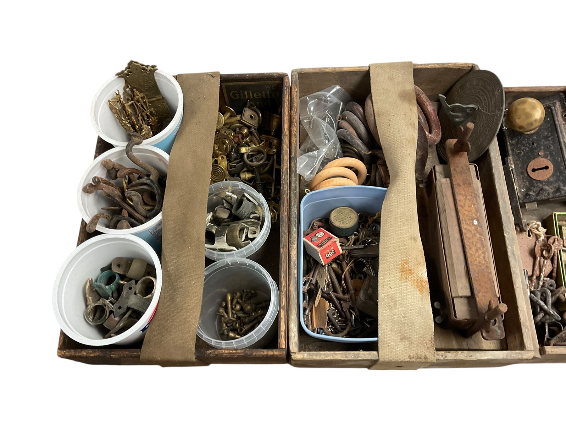 Collection of antique hard ware including brass door knobs, furniture plates and ring pulls, sash window pullies and other items 