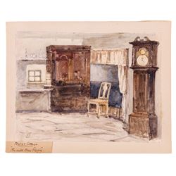 Robert Jobling (Staithes Group 1841-1923): 'Burns Cottage - The Auld Clay Biggin', watercolour signed, titled in the margin 21cm x 28cm (unframed) 
Notes: the picture depicts the interior of a cottage in Alloway, Ayrshire, the birthplace of Robert Burns. The same linen press and longcase clock can be seen in the picture of the same title by George Washington Brownlow (1835-76).