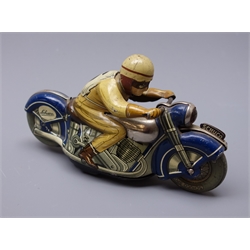  Schuco Mirakomot 1012 clockwork tin-plate motorcycle in blue and grey with brown No.6 rider, made in US Zone, unboxed with key  