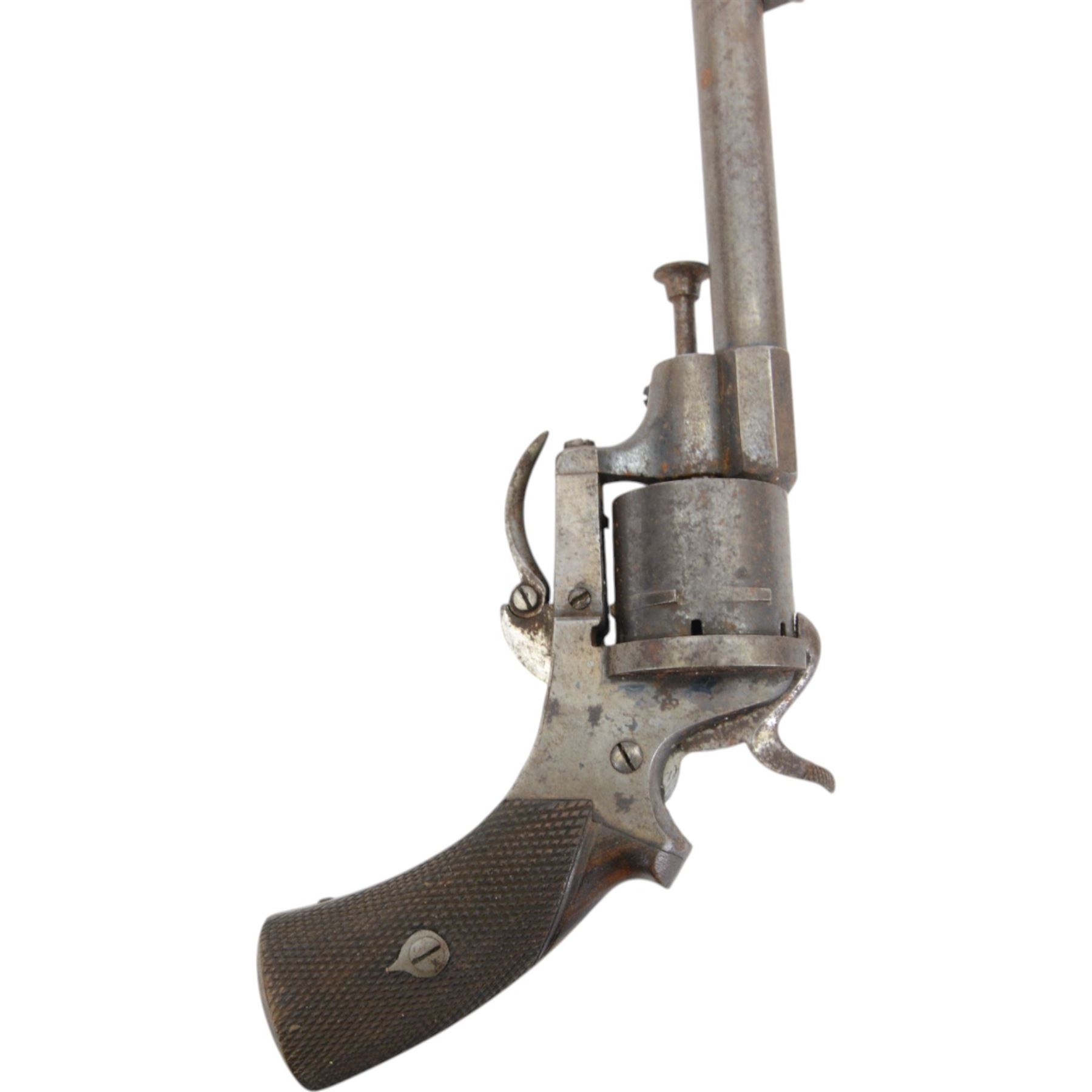 19th century pinfire six-shot revolver, rear loading with folding trigger and wooden grip, H10cm, L20cm