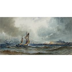 After Thomas Bush Hardy (British 1842-1897): 'Off Whitby', watercolour titled, bears signature and dated 1890, 24cm x 45cm