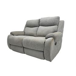 Pair of two-seat manual reclining sofas, upholstered in grey fabric with scatter cushions
