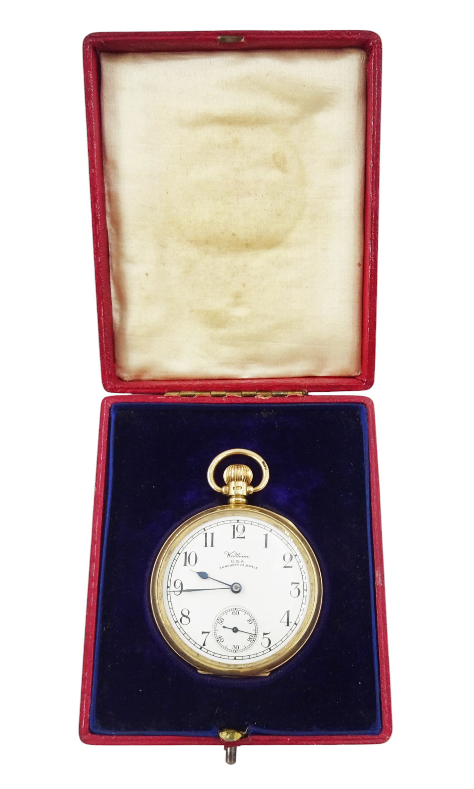 Early-mid 20th century 9ct gold open face Vanguard keyless lever pocket watch by Waltham, Massachusetts, No. 29455279, white enamel dial with Arabic hour markers and subsidiary seconds dial, case by Dennison, Birmingham 1940, in velvet and silk lined case