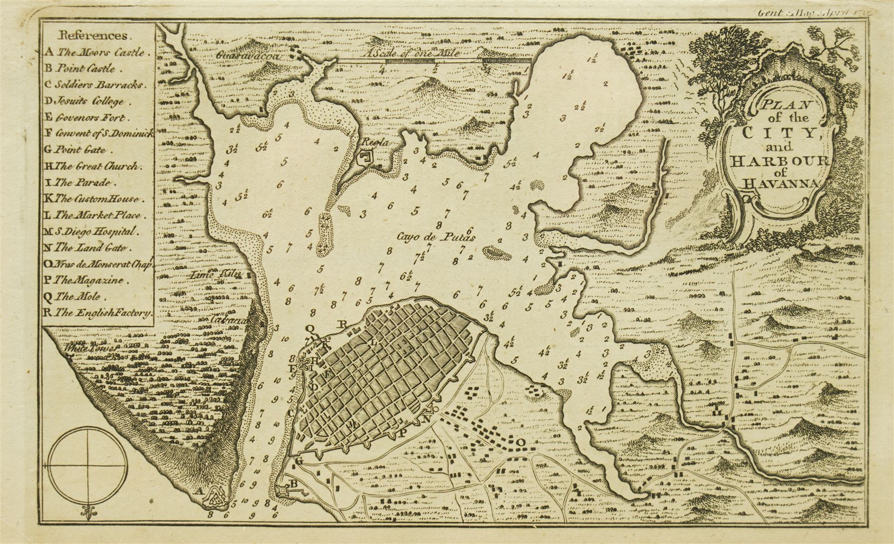 English School (19th century): Plan of the City and Harbour of Havanna (Havana Cuba), early 18th century engraved map pub. The Gentleman's Magazine 1762, 13cm x 22cm