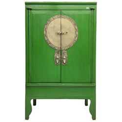 Chinese green lacquered hardwood moon cabinet, two panelled doors with metal mounts decorated with the zodiac animals and traditionally dressed figures, enclosing two drawers and shelves over single secret compartment
