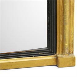 Regency giltwood pier mirror, projecting moulded cornice with ball mounts, the glazed frieze decorated with coastal ship and castle scene and flanked by to floral baskets, ebonised reeded slip enclosing bevelled mirror plate