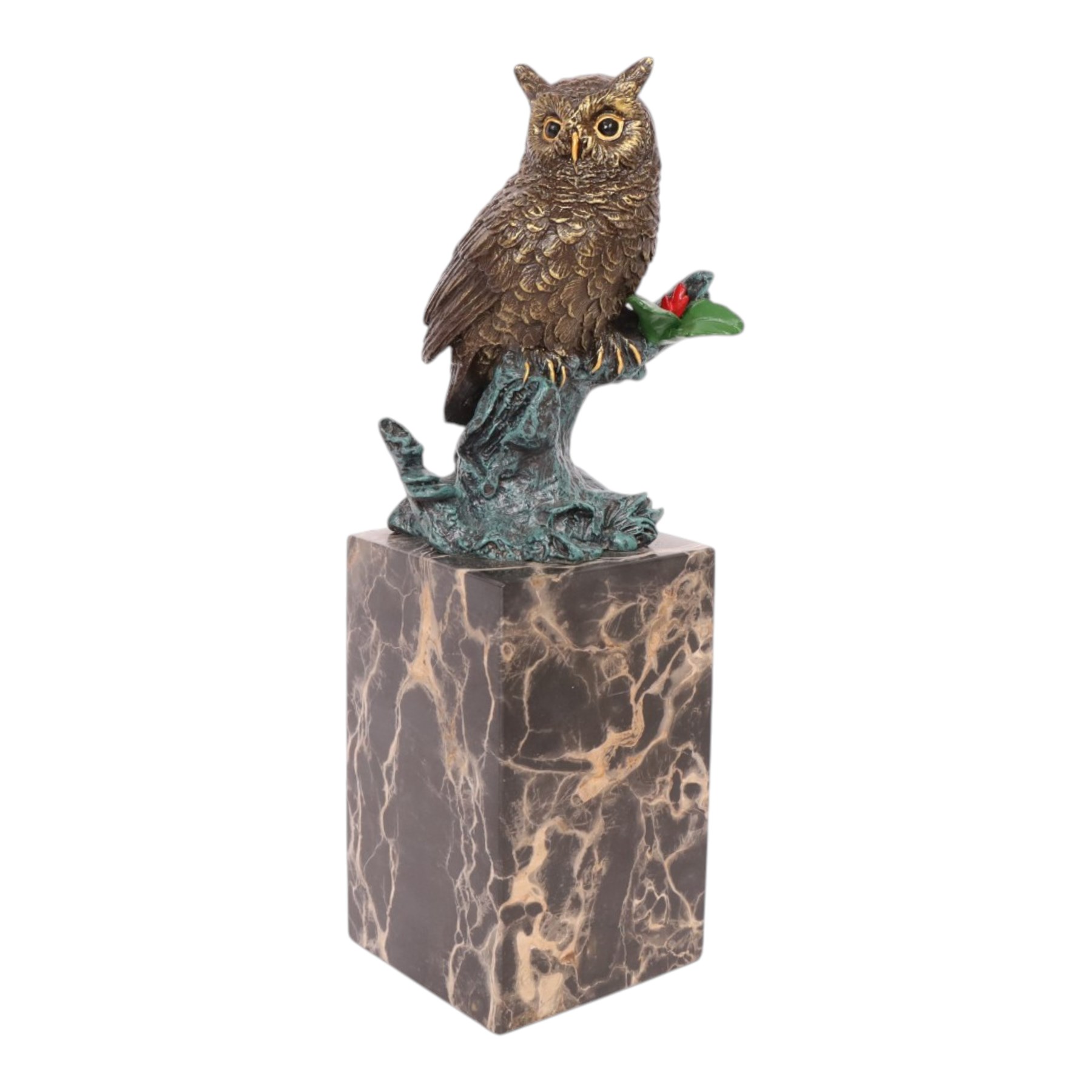 Cold painted bronze figure, modelled as an owl perched upon a tree stump signed Milo and with foundry mark, raised upon black veined marble plinth, H28cm