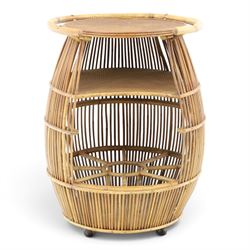 Italian mid-20th century barrel-shaped bar cart in rattan and bamboo, the circular top wit...