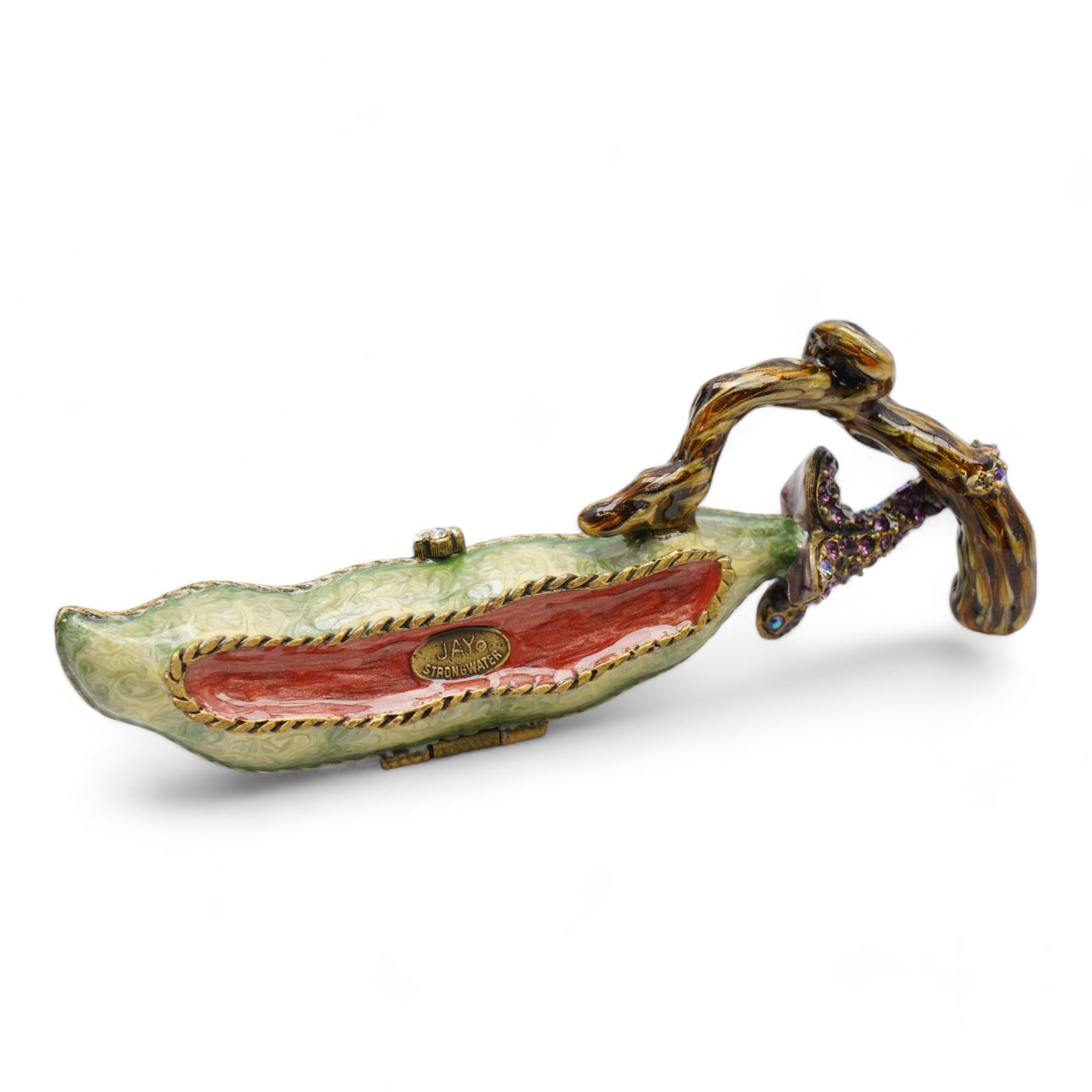 Jay Strongwater - 'Two Peas in a Pod' enamel trinket box, L11.5cm, frog brooch and small trinket box, decorated with a fly and trailing leaves, all set with Swarovski crystals (3)