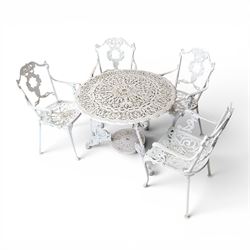 Victorian design cast aluminium circular garden table and four armchairs, ornate grape design in antique white paint