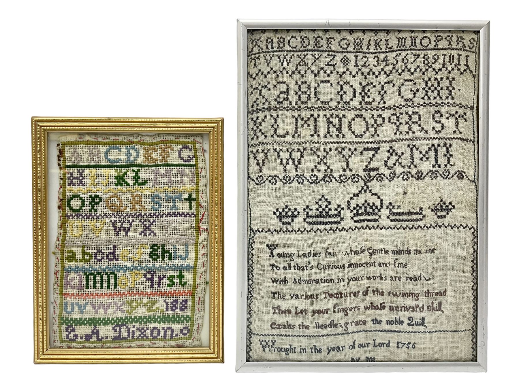 18th century alphabet cross stitch sampler, together with a later alphabet sampler, largest H31cm, W22cm