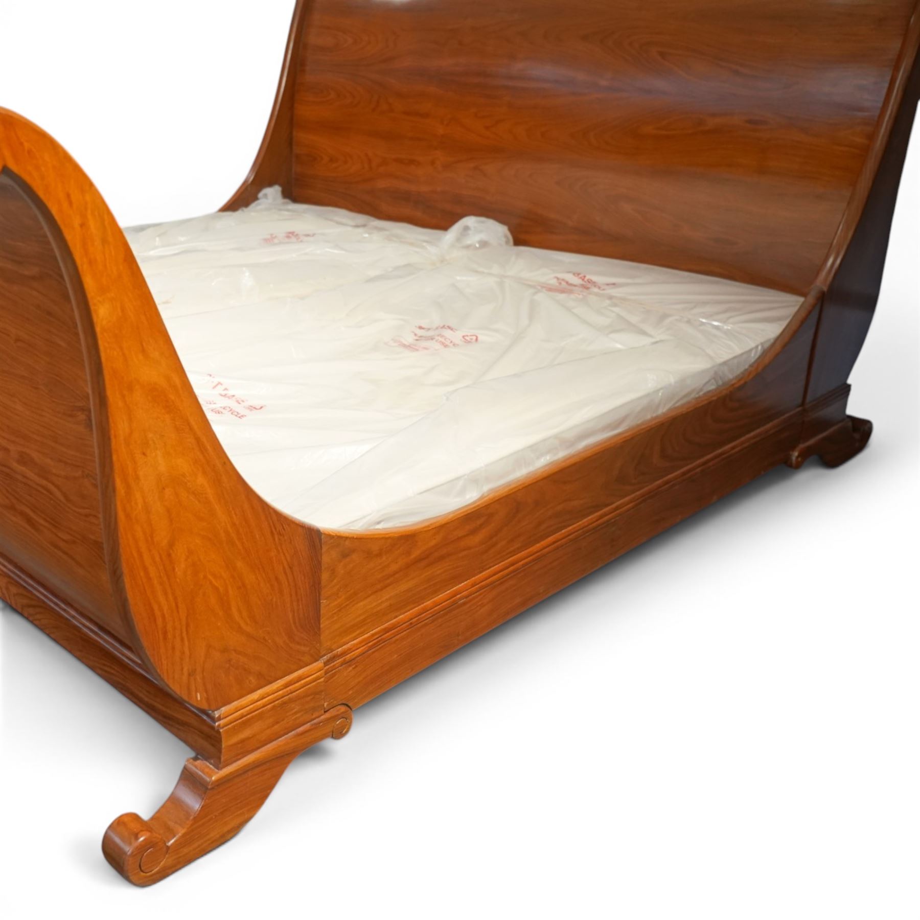 Simon Horn -  6' superking Santos rosewood sleigh bed with Vi Spring base, scrolled headboard and footboard, scrolled supports