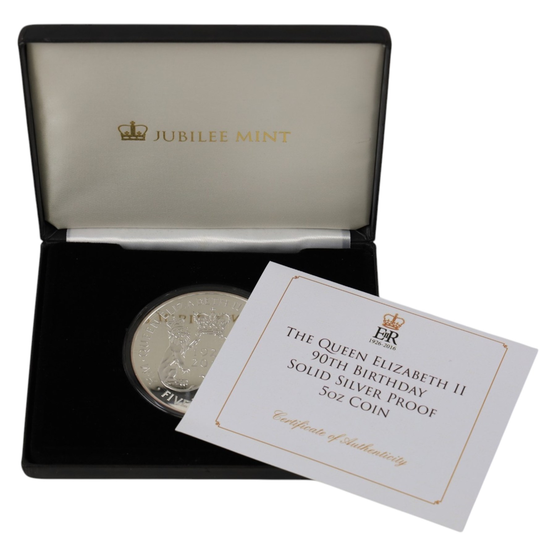 Queen Elizabeth II Tristan da Cunha 2016 'Queen Elizabeth II 90th Birthday' five ounce silver proof twenty-five pound coin, issued by the Jubilee Mint, cased with certificate
