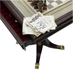 Franklin Mint Indian ' The Raj ' chess set with marble effect chess board within a mahogany stained frame raised on a brass mounted pedestal base with single fitted drawer, the playing pieces depicting figures from the 1857 Raj mutiny 52cm square H68cm