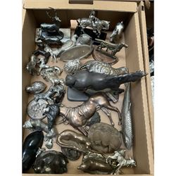 Quantity of metal and composite animal figures to include soapstone examples of horses and dogs etc in three boxes