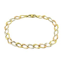 18ct white, yellow and rose gold flattened curb link bracelet, stamped 750, approx 8.9gm 