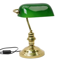 Two brass bankers style table lamps with green glass shades, H36cm (2)