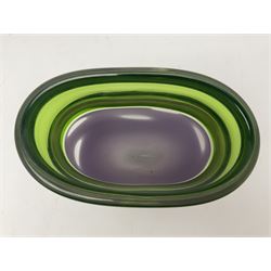 Stuart Akroyd glass vase, green banded top and opaque purple lower section with bubble inclusions, with sticker and engraved signature beneath, H25cm