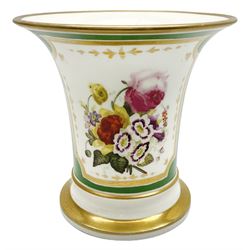 Early/mid 19th century Rockingham spill vase, circa 1830-1842, of tapering cylindrical form, decorated with hand painted floral spray within a gilt bordered panel, against an apple green ground, with puce printed mark beneath, H11cm