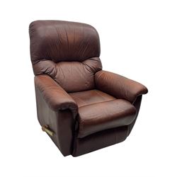 La-Z-Boy - manual reclining three piece suite - two seater sofa (W165cm, H105cm); and two armchairs (W98cm), upholstered in brown leatherette