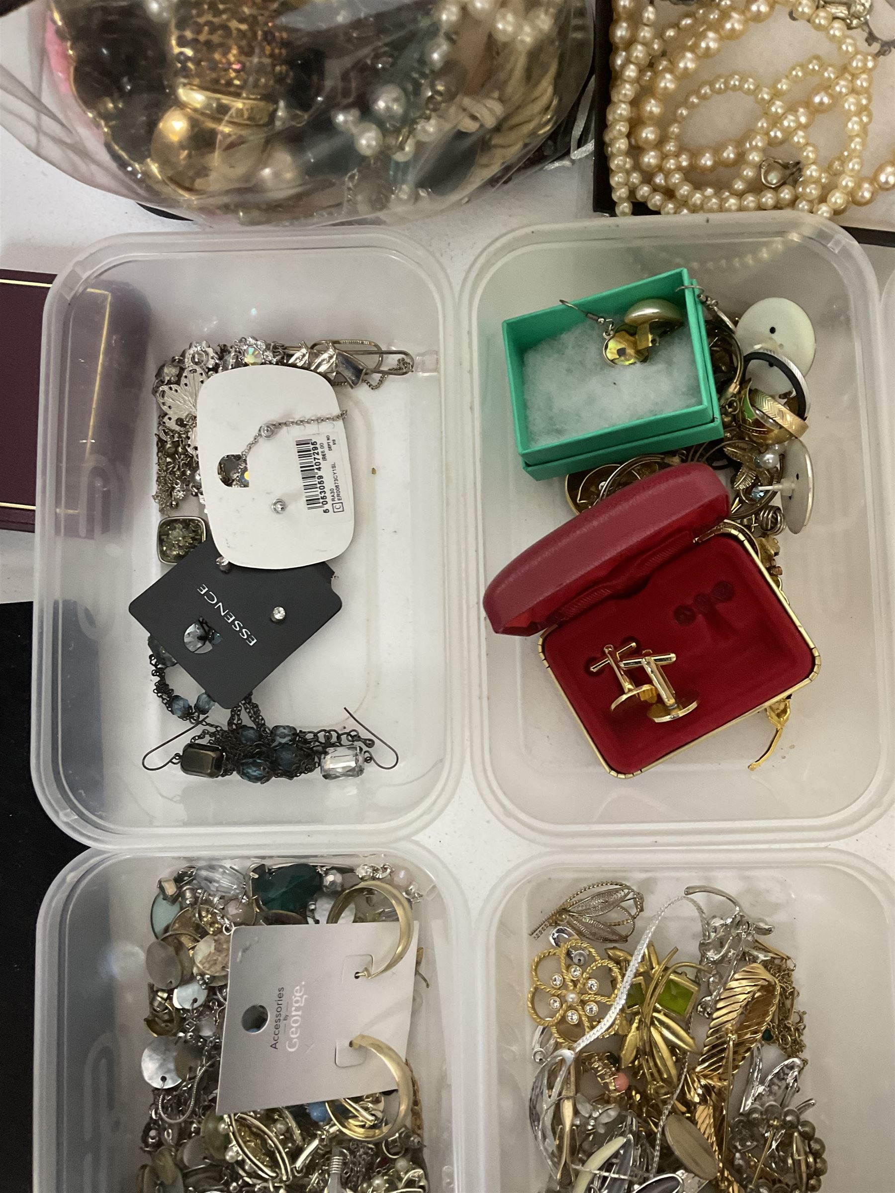 Collection of costume jewellery, including earrings, beaded necklaces, bracelets, wristwatches and boxes 