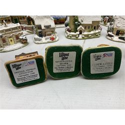 Five Lilliput Lane Illuminated Cottages, comprising Christmas is Coming, with box and deed, Christmas at Mol's, with box and deed, Christmas in Canterbury, with box and deed, Christmas Lights at Sweet Delights and The Three Kings, with box and deeds, together with twelve other Lilliput lanes, to include The First Noel, with box and deed, Winters Moonlight, Yuletide treats, with box and deed etc (17)