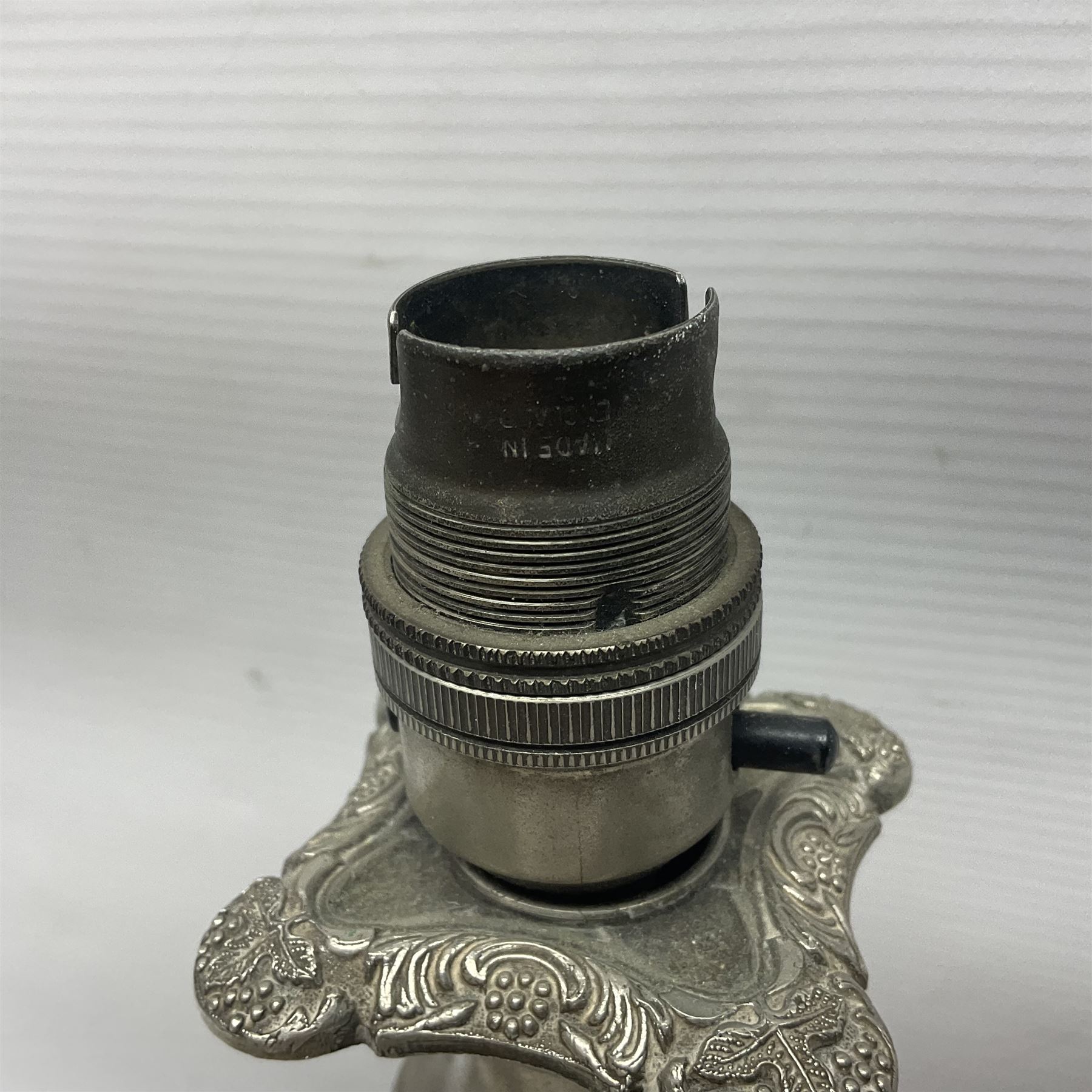 Pair of Corinthian column candlesticks, and a silver plated lamp, candlesticks H26cm