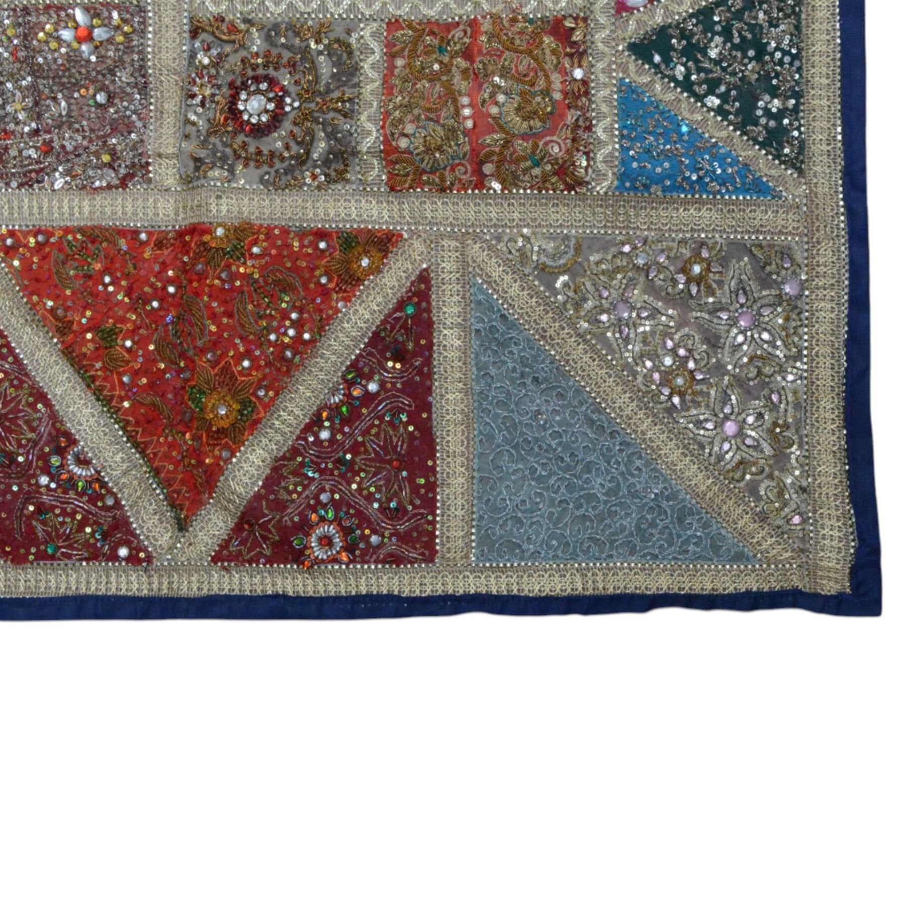 20th century Zardozi wall hanging, hand embroidered in gold thread and beadwork, in geometric platters H90cm, L142