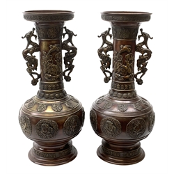 Pair of large Japanese bronze vases, of baluster form with tall neck and flared rim, having twin dragon modelled handles, the necks decorated with birds and blossoming branches, the bodies with zoomorphic panels, further detailed with stylised bands throughout, H48cm