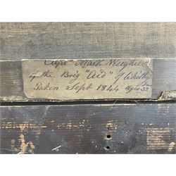 English School (Mid 19th century): 'Capt. Mark Weighill of the Brig Aid of Whitby' half length portrait holding a telescope, oil on canvas unsigned, original title label verso dated 'Sept. 1844 aged 32', 59cm x 46cm
Notes: the 181 ton Brig 'Aid' was built by Pickersgill & Miller of Sunderland but not until 1856. The vessel was initially owned by Gideon Smales of Whitby & later became owned by Isaac Seymour of Runswick near Whitby