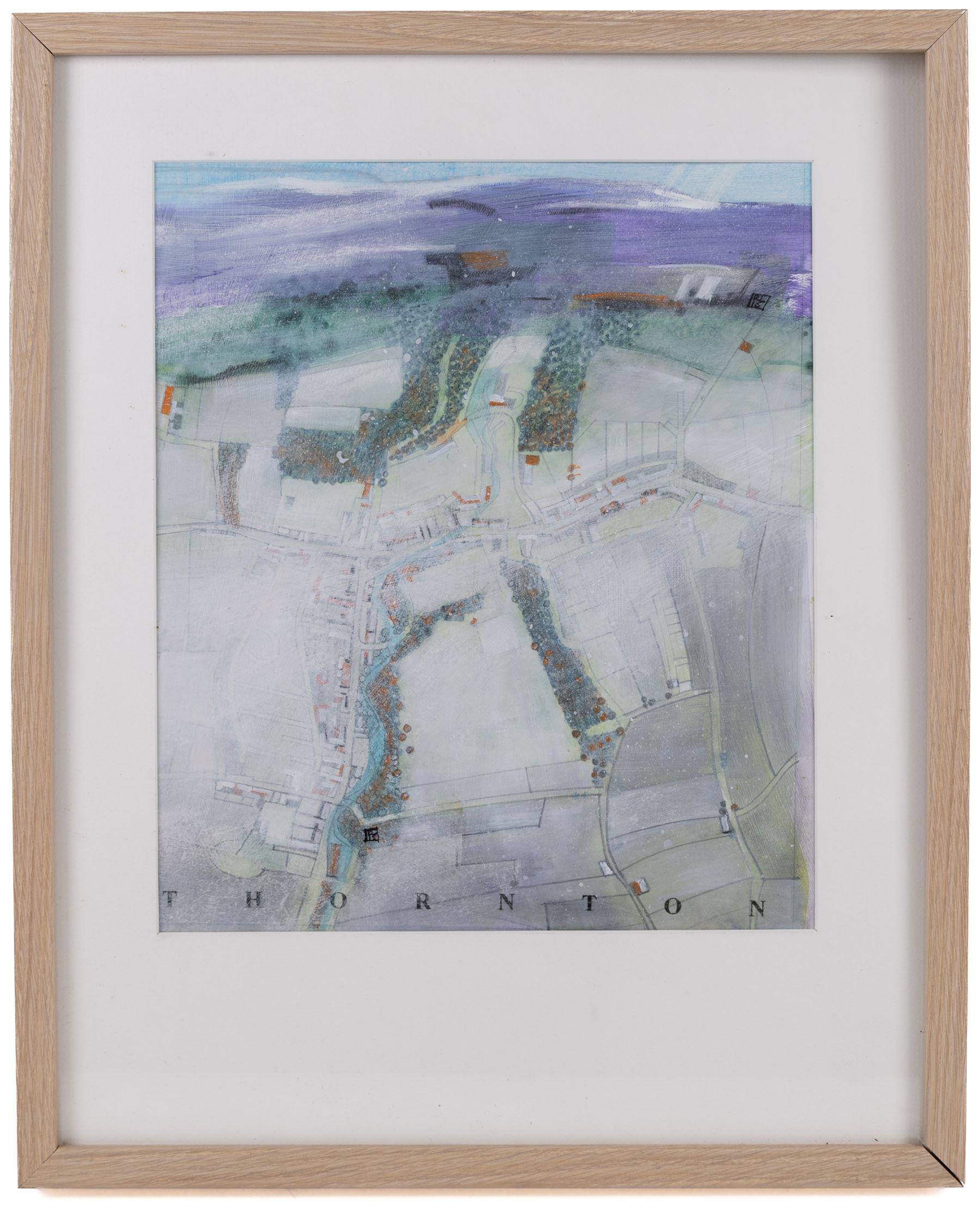 Russell Lumb (British 1946-): 'Thornton', mixed media semi-abstract map of Thornton-le-Dale titled, signed with monogram and dated '15, artist's address label verso 34cm x 29cm
