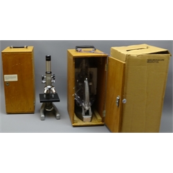  Two Meiji-Labex Model TM-1A grey japanned Microscopes with rack & pinion coarse & fine adjustment, turret with three objectives, on horseshoees bases in wooden cases with cardboad cover, (2), Provenance: Issued to Open University students   