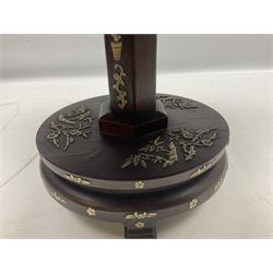 Chinese hardwood pedestal stand, decorated with bone inlay depicting figures and various motifs, H21cm D30cm